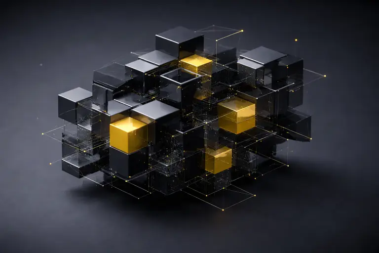 Glowing cubes in a digital network