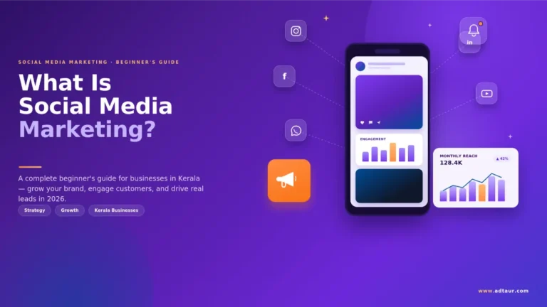 image asking question as what is social media marketing, and shows datas in a mbile and chart in a violet background