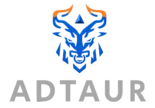 light blue sketch of a bull with orange horns, and triangle in the forehead, and a text adtaur, this is the adtaur logo