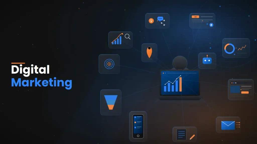 images having blue and orange shade showing the features of digital marketing