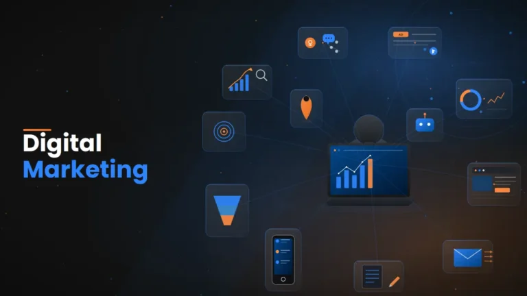 images having blue and orange shade showing the features of digital marketing