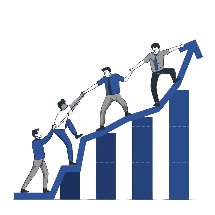 image with transparent background showing 4 men trying to grow , with a blue growth chart with 4 bars