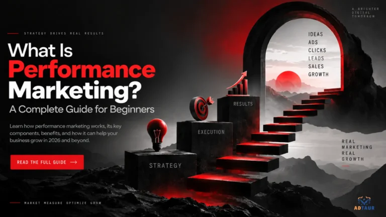 WHAT IS PERFORMANCE MARKETING, A COMPLETE GUIDE FOR BEGINNERS, IN A SURREALISM IMAGE STYLE WITH RED, BLACK AND GREY COLORE BY ADTAUR