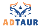 adtaur logo having bull icon in blue and orange horns , with the text adtaur in orange and blue