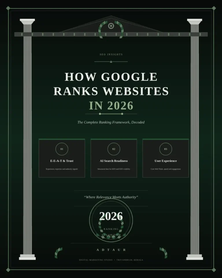 neo classical image in green and grey discussing the topic how google ranks websites in 2026