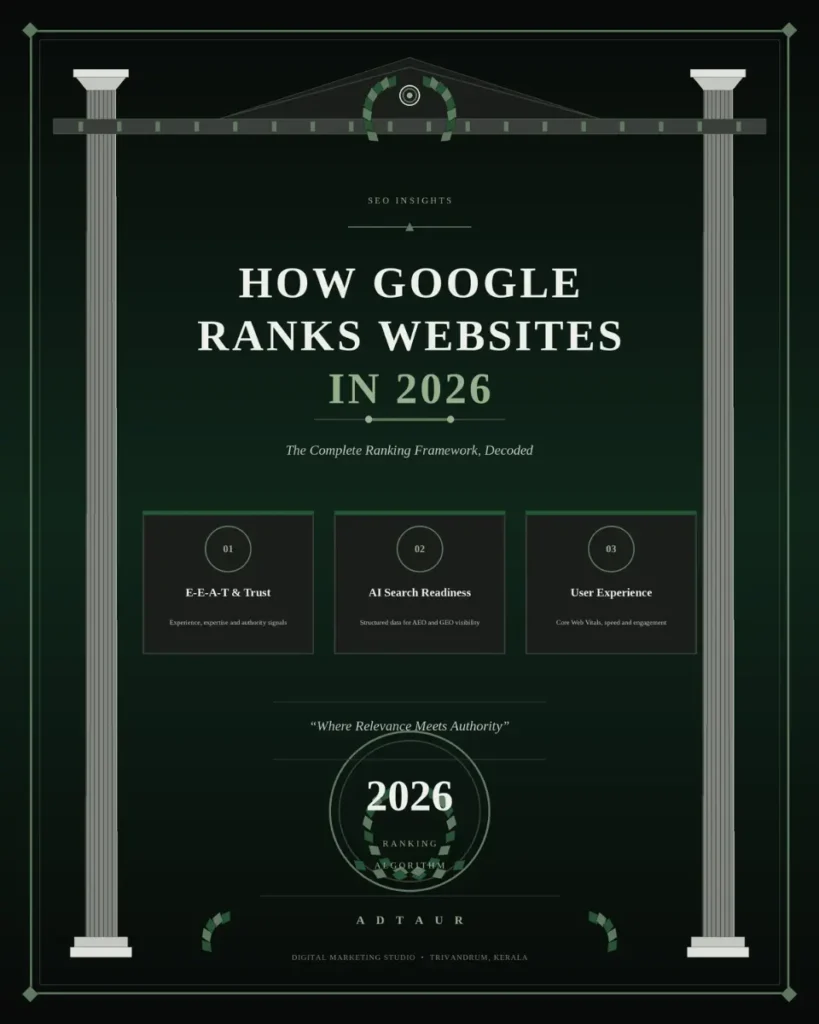 neo classical image in green and grey discussing the topic how google ranks websites in 2026