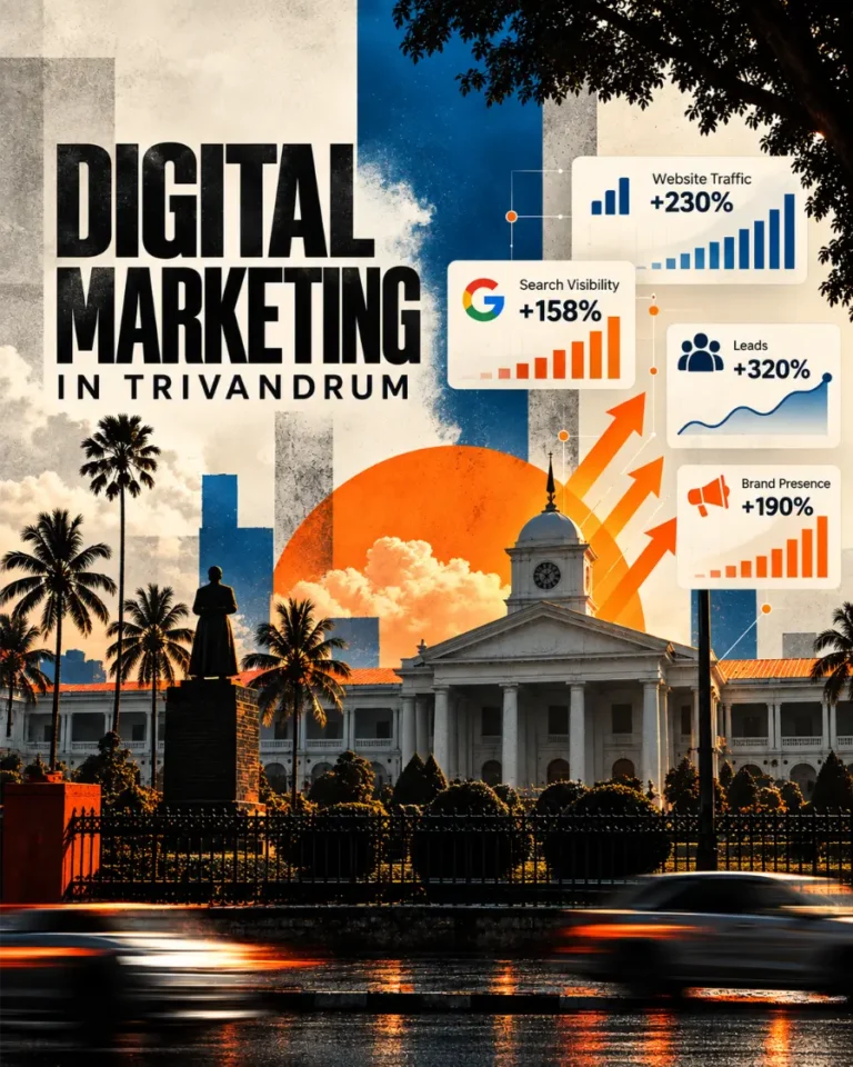 Digital marketing in Trivandrum represented through a bold editorial graphic featuring the Kerala Secretariat, palm trees, growth arrows, and analytics cards showing website traffic, search visibility, leads, and brand presence.