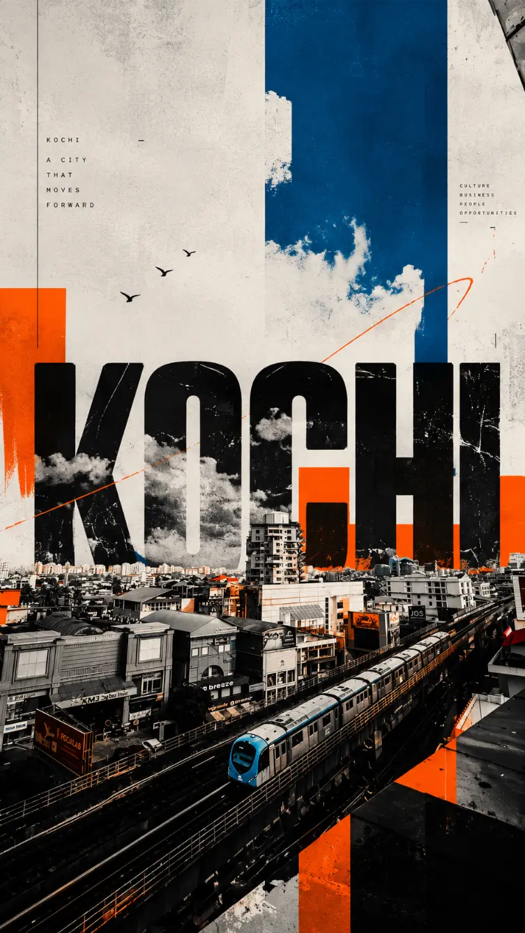 Digital marketing company in Kochi – Brutalist urban artwork featuring the Kochi Metro and city skyline