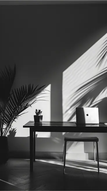 Minimalist black and white workspace with a MacBook laptop, desk, and indoor plants in natural sunlight