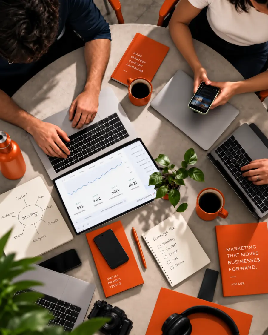 Digital marketing team collaborating on campaign strategy and analytics